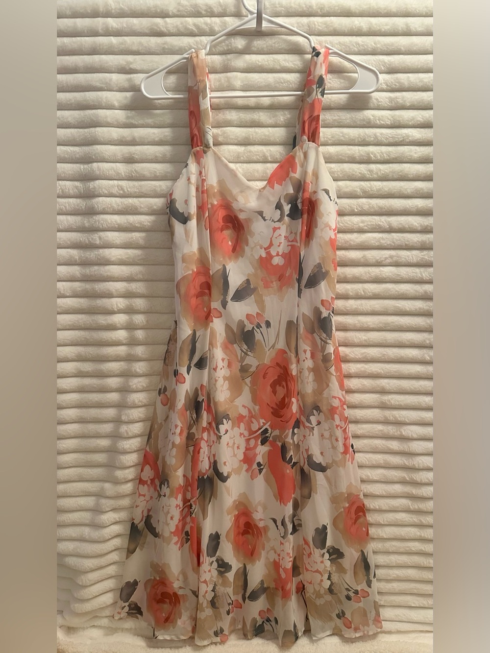 Floral Chiffon Midi Dress in Coral and Cream